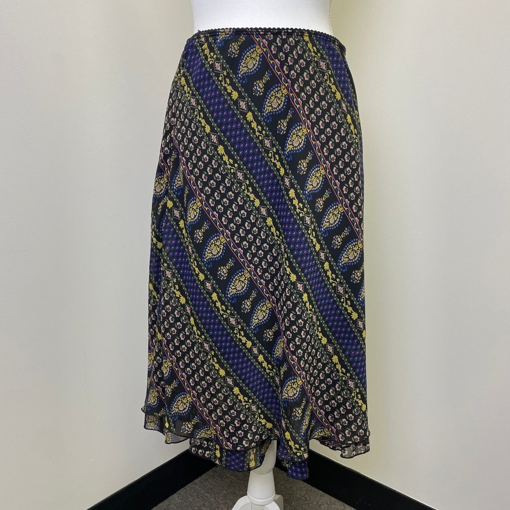 Notations Black Paisley Floral Midi Skirt L Elastic Waist Boho Festival